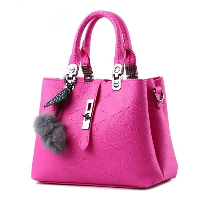 HBP Stickerei Messenger Bags Damen Lederhandtaschen Sac a Main Damen Haarball Handtasche Dame Tote Fuchsia