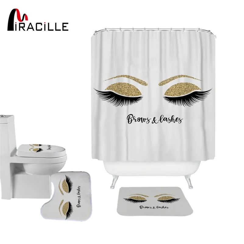 Miracille 4Pcs/Set Eyelashes Anti Slip Bathroom Rugs Set Waterproof Shower Curtain U Type Mats Toilet Cover Bath Decor LJ201130