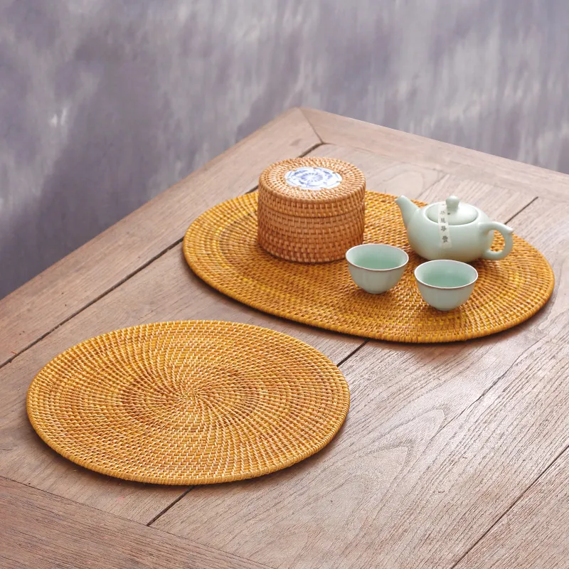 Tissage à la main Tissage en rotin Tissage de la plate-forme Tea The Tasse Tapis Temple isolant Temple Porte-pot Tasse Coaster Coaster Boissons Table Saucer Bol Cuisine Y200328