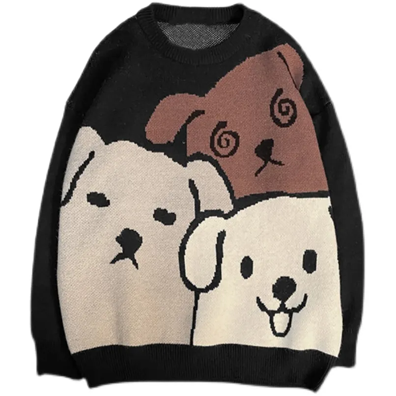 سترة سوداء الخريف الشتاء خمر المتضخم محبوك البلوز الكورية الأزياء الكرتون الكلب نمط مصمم الرجال الملابس معطف 211221