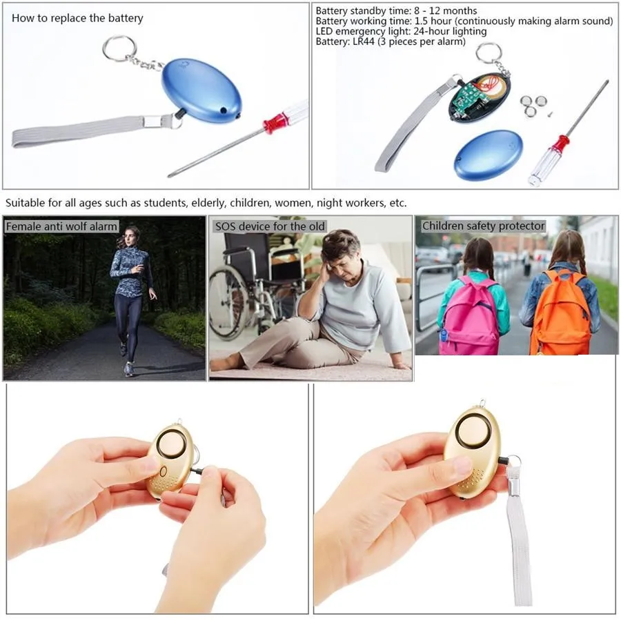 Persoonlijke alarmen 130 dB Ei Vorm noodsituatie Self Defensie Beveiligingsalarm voor meisjes Vrouwen oudere volwassenen Ouderen beschermen alert veiligheid Scream luide sleutelhanger met LED -licht