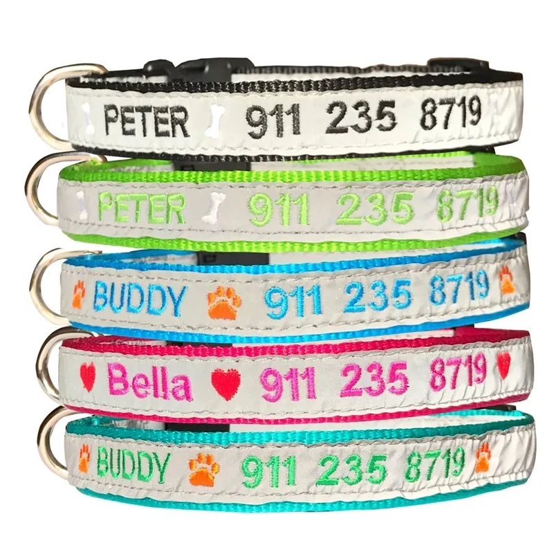 Personalizzato Ricamo Collare per cani Nylon resistente Luce riflessa di notte Personalizzato Pet Cat Puppy Tag Chain con nome fai da te numero di telefono LJ201112