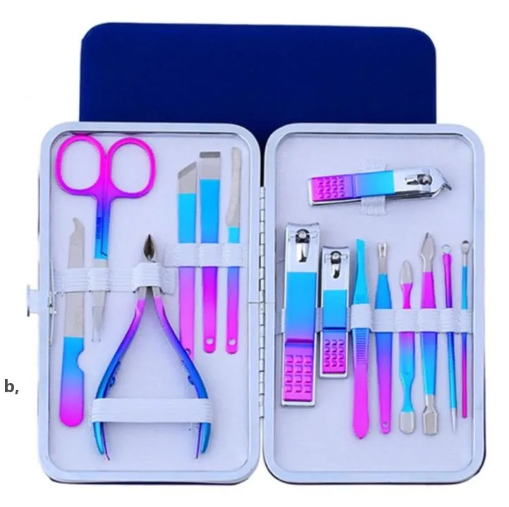 Party Favor Gradient colorful Stainless steel nail clippers set manicure pedicure scissors-set beauty carekit NailCare Tool Sets RRF13440