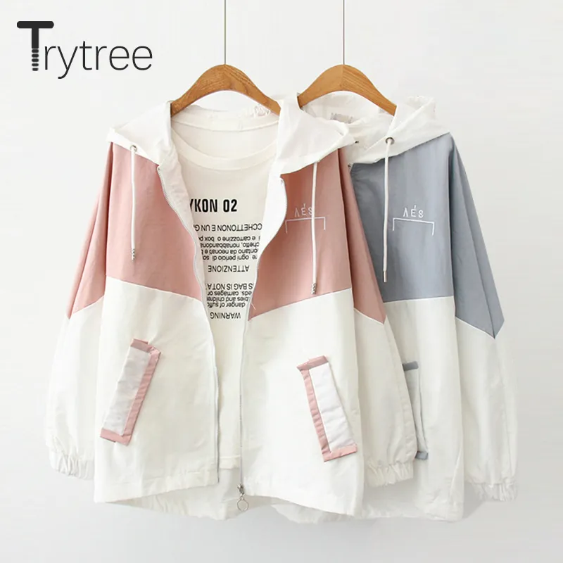 Trytree Autumn Hooded Coat Casual Zipper Women 3 Colors Patchwork Polyester Pockets Letter Trench Fashion Loose Thin Coat 201031