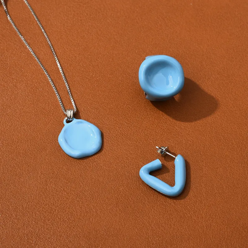 Round Irregular Necklace Milk Blue Enamel Drip Glaze Ring Triangle Earrings Fashion Trendy Brand Jewelry Accessories