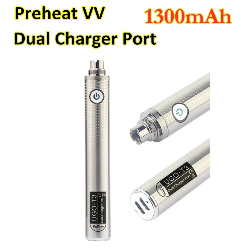 MOQ 2 Adet UGO T3 Vape Pil Çift USB Şarj Portu 1300 mAh 510 Iplik Ön Isıtma Buharlaştırıcı E Sigara Kalem VV Piller Atomizör Kartuşları için