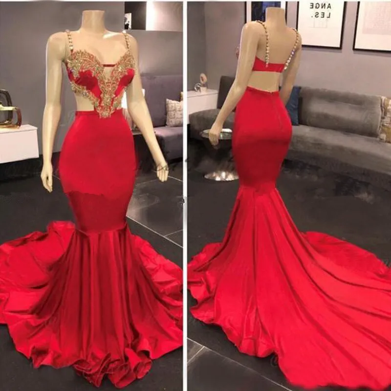 Sexy Cutaway Sides Red Prom Evening Dresses Mermaid Spaghetti Straps Backless Long Trian Party Occasion Gowns With Beads Appliques
