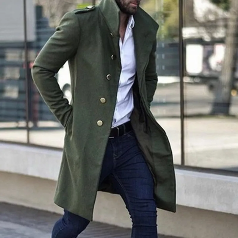 Erkek Trençkot Ceket İnce Düz Renk Vahşi Dik Yaka Tek Göğüslü Uzun Trençkot Ceket Casual Palto 201.012