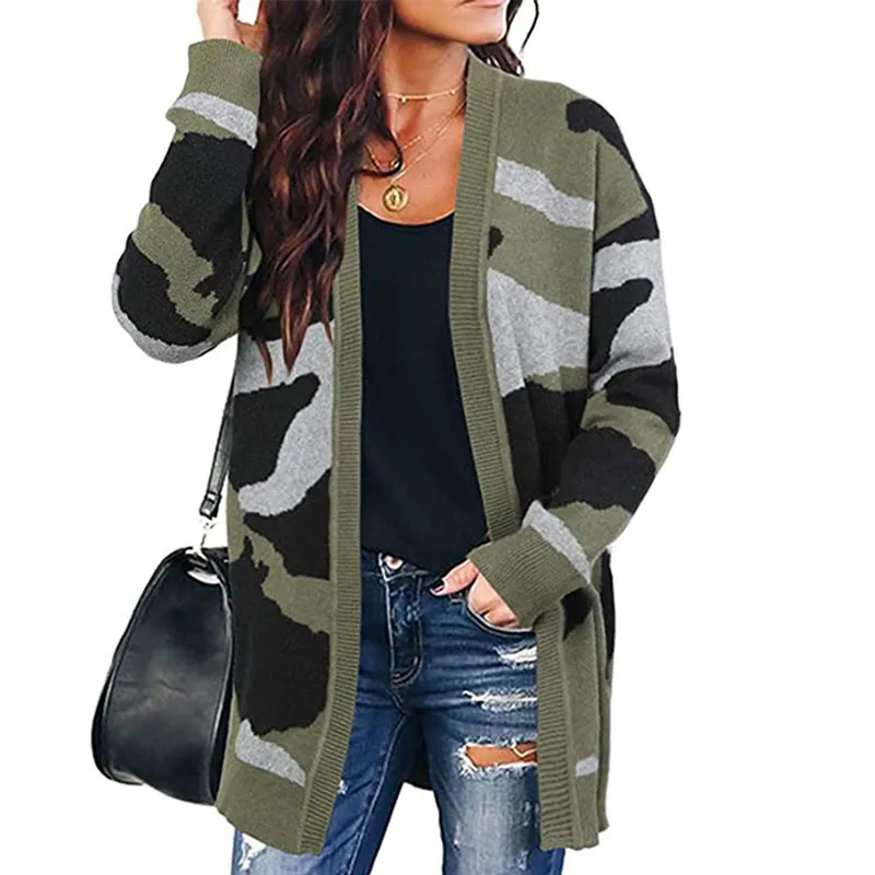 EBAIHUI Camouflage Dames Cardigans Long Sans Boutons Contraste Couleur V-cou Chandail Dames Mi-Longueur Tricoté Cardigan