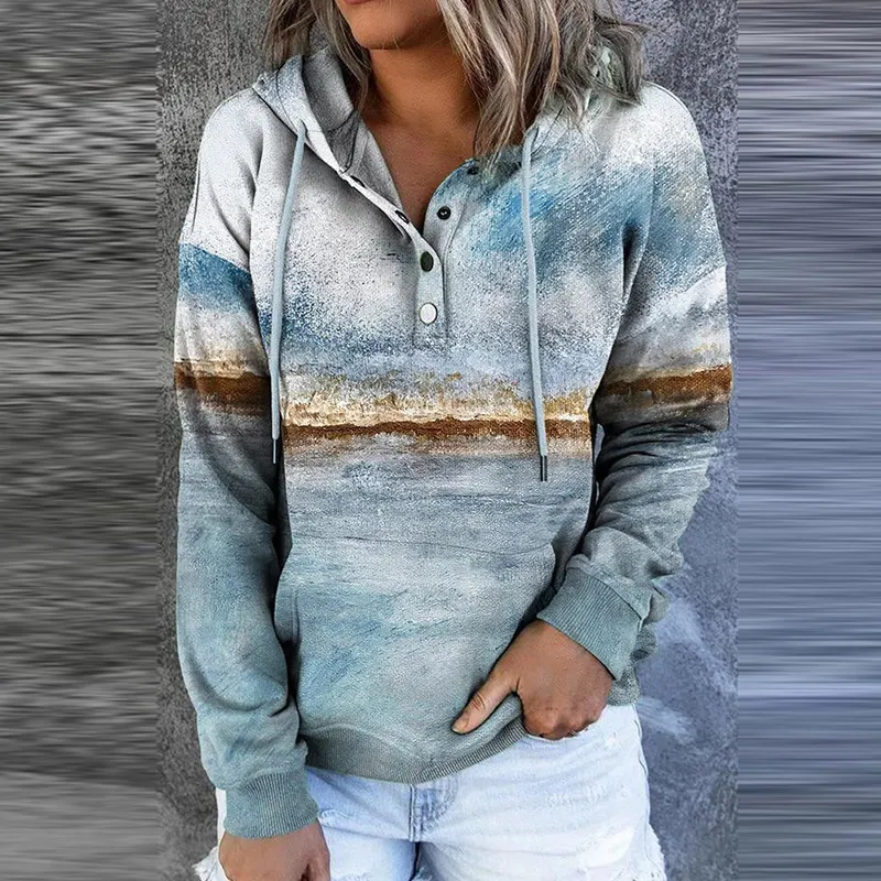 Vintage Landscape Printed Drawstring Oversized Hoodie Women