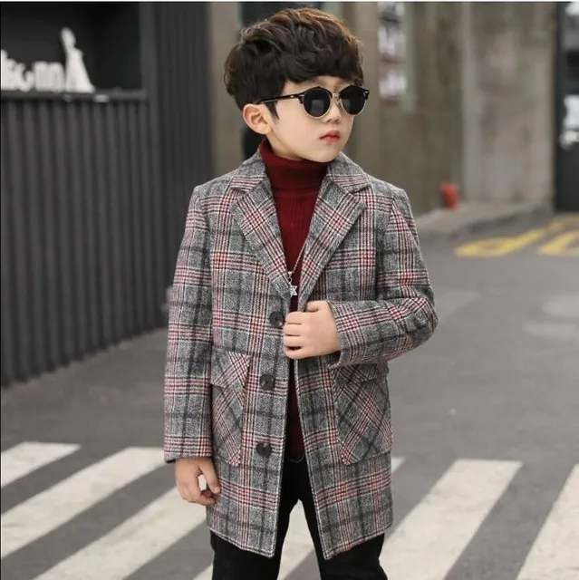 Boys Long Trench Coat In Plaid Cotton Shirt Piece And Linen Blend