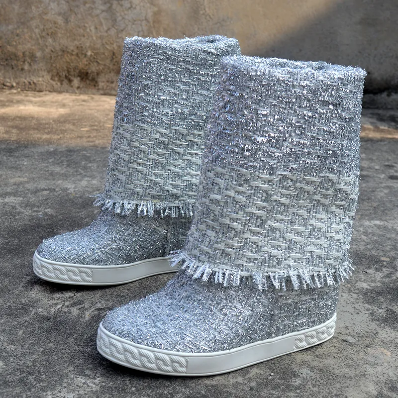 Bling Silver Kniting Woolen Cloth Mid-Calf Boots Height Increasing 8 cm Inner Wedge High Heel Woman Fashion Vintage Booties