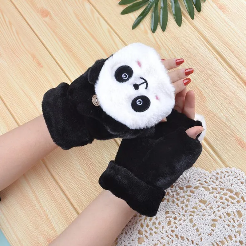 Winter Gloves Women Cartoon Cute Panda Coral Fleece Fingerless