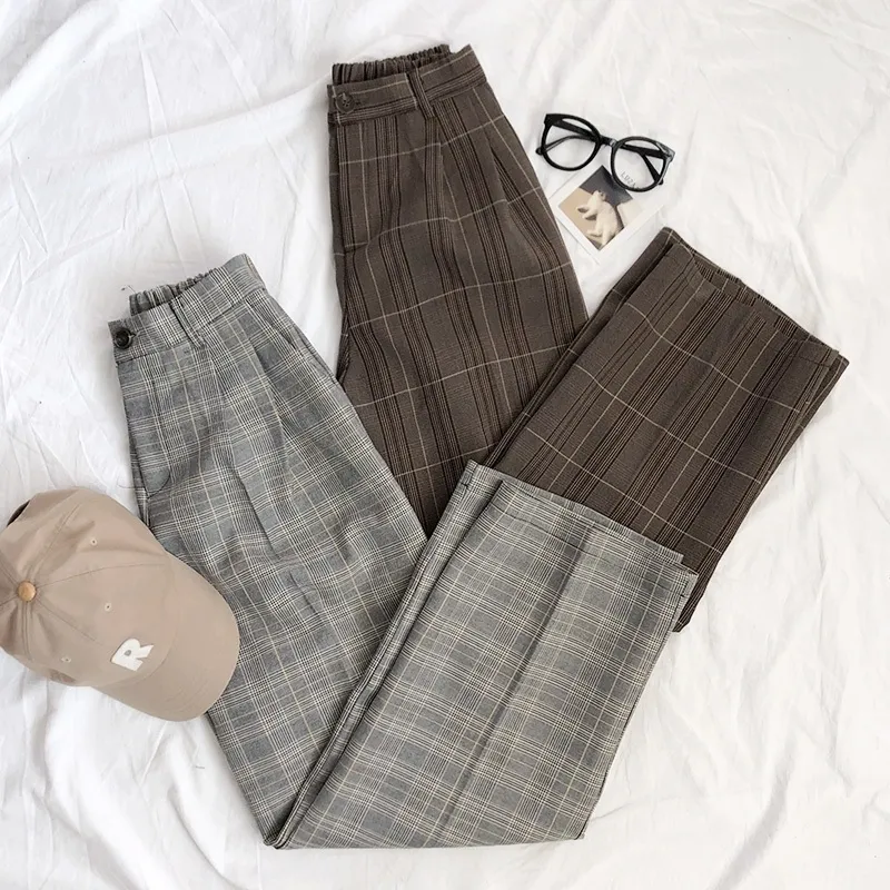 Vintage Plaid Harem High Waist Suit Pant for Women - Casual Elastic Trousers with Wide Leg Plaid pyjama bottoms.Color: Green/Brown/BeigeGender: