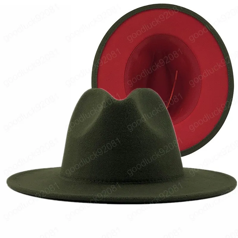 남여 외부 육군 녹색 내부 레드 모직은 얇은 벨트 버클 남성 여성 챙이 넓은 파나마 트릴 모자와 재즈 페도라 모자를 느꼈다