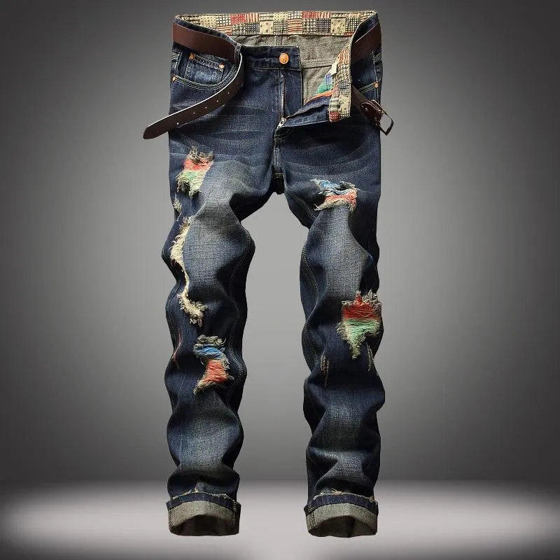 Mens Jeans European and American Street Personality Brushed Jeans Mens Ripped Straight Jeans Casual Fashion Style232S