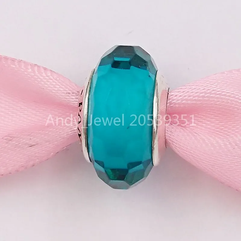 Andy Jewel 925 Sterling Silver Beads Glass Murano Teal Shimmer Charm Fitts 유럽 판도라 스타일 보석 팔찌 목걸이 791655