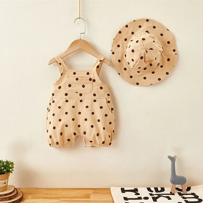 Newborn Toddler Dot Jumpsuit Romper +Hat 2PCS Boys Girls Sleeveless Cotton Fashion Infant Baby Clothes Set Sunsuit 201029