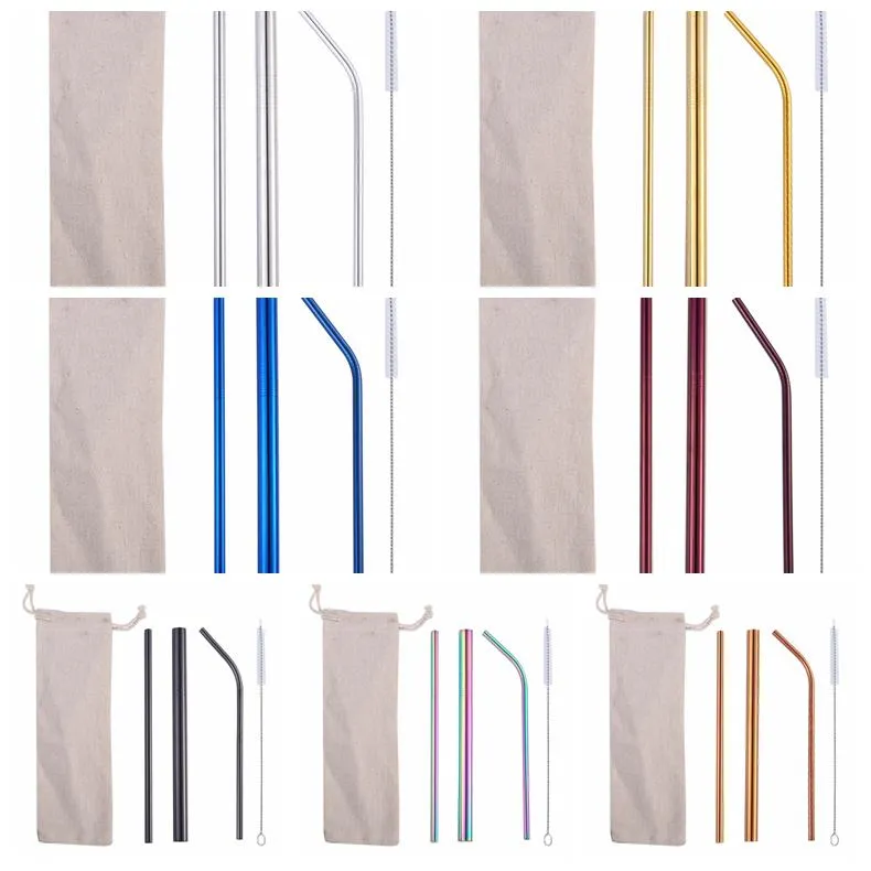 2021 Set di cannucce in acciaio inossidabile Cannucce colorate con spazzola Cannucce riutilizzabili in metallo Bicchieri Bicchieri Accessori Forniture