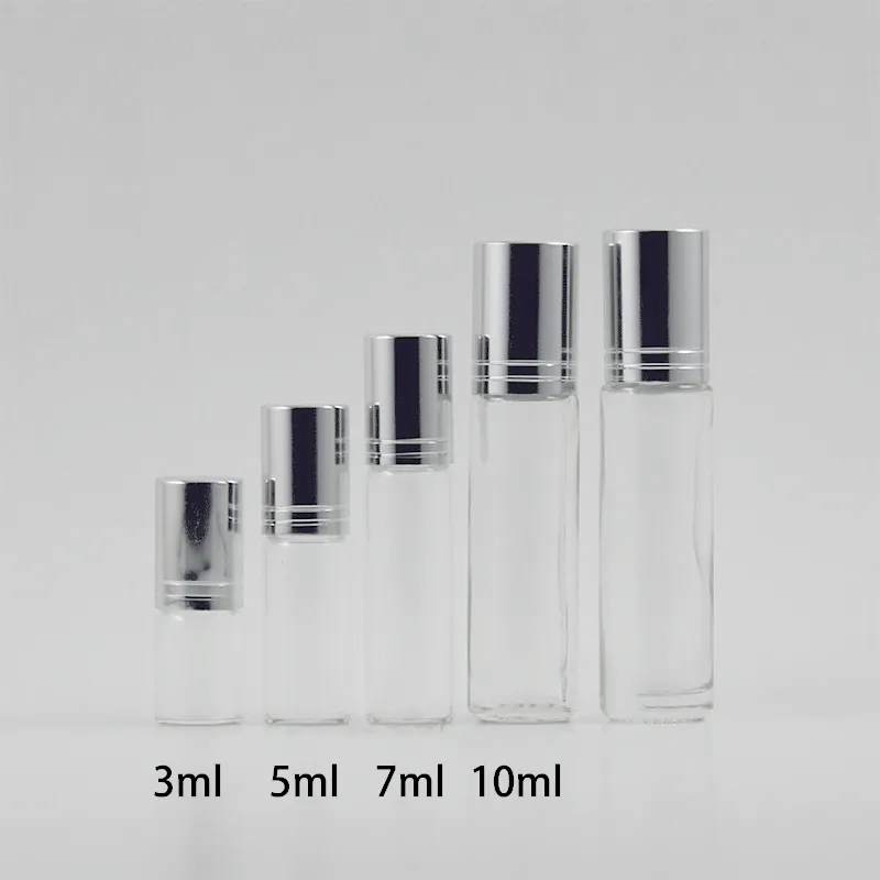 Free Shipping 3ml 5ml 7ml 10ml Clear Cosmetic Roll on Bottle Empty Make up Essence Oil Glass Perfume Roller Massage Bottles