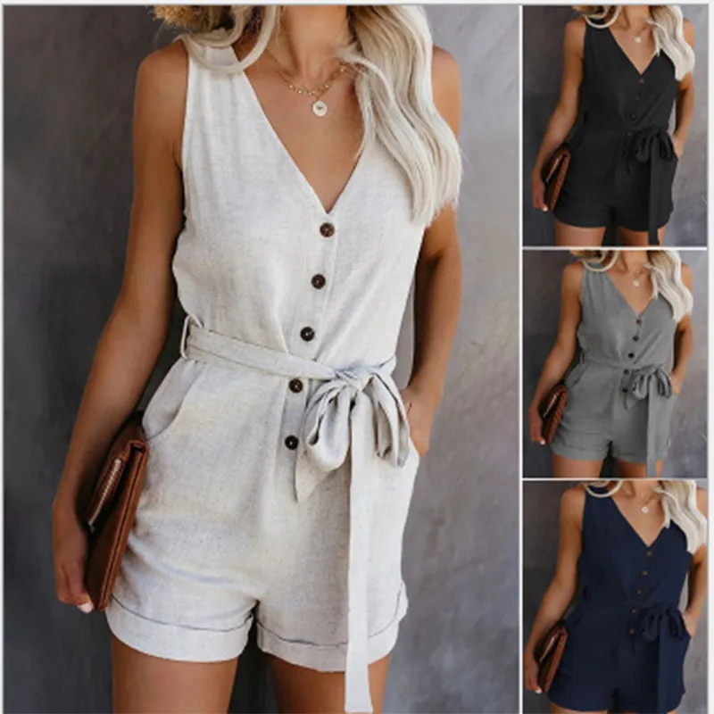 Fashion Casual Playsuit Women Off Shoulder Belted Tunic Solid Color 2020 Summer New Elegant Short Jumpsuit Overalls For Women