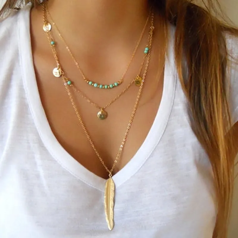 S1864 Hot Fashion Smycken Multi Layer Necklace Metal Feather Pendant Beaded Halsband