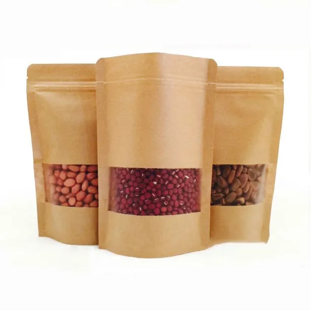 Zip- Stand up Front Clear Window Kraft Paper Bags/ Recloseable Kraft Moistureproof Packaging Storage Nut,Snacks,Tea Pouches