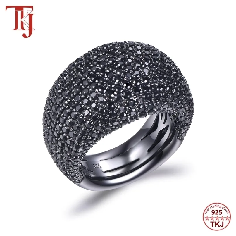 TKJ Fashion Negro Spinel Ring Real 925 Sterling Silver Piedra de piedras preciosas para mujeres Piedras redondas Joyería de compromiso Regalo 220212