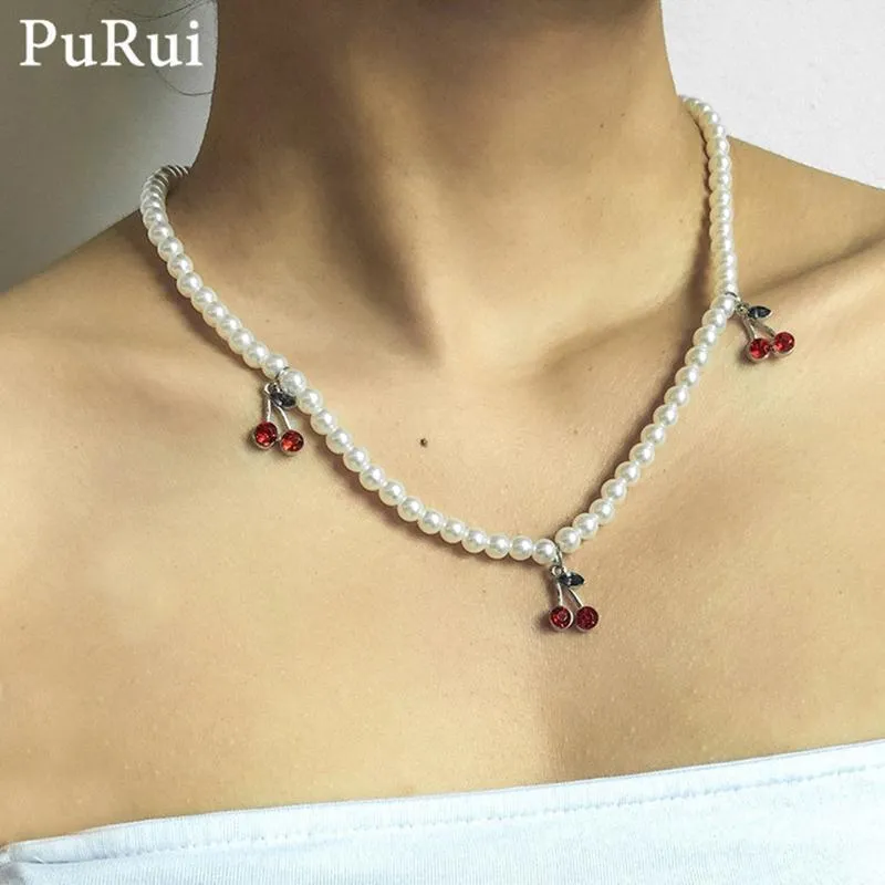 Bohemia Cherry Pendant Women Necklace Vintage Imiation Pearl Chain Choker Elegant Wedding Charm Collar Jewelry Necklaces