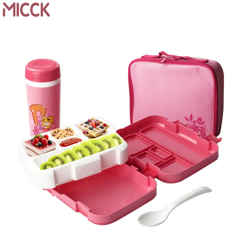 MICCK Boîte à lunch micro-ondes pour enfants Boîte à bento de dessin animé mignon avec vaisselle Tasse Récipient alimentaire École 4/5 Compartiment Snack Cuisine T200710