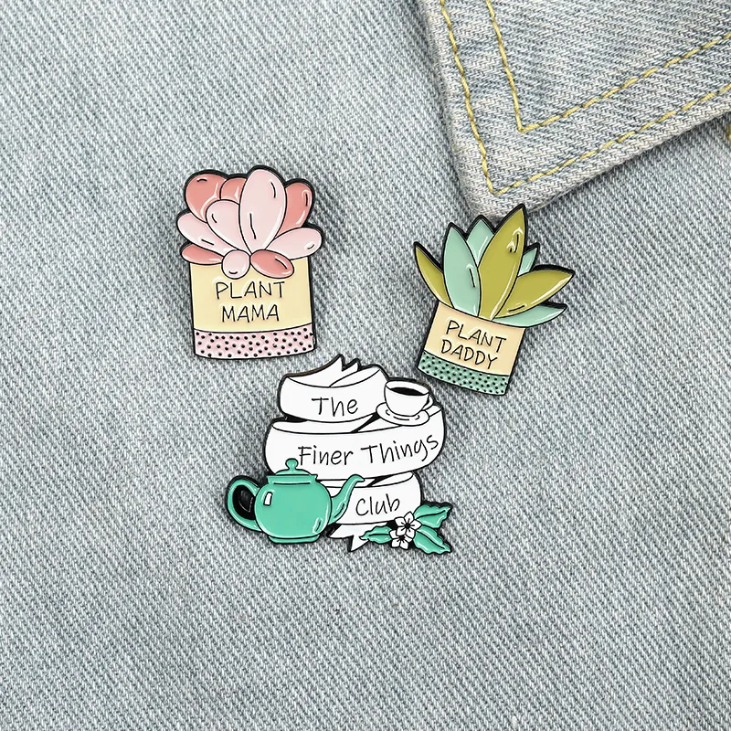 Creative Cartoon Cute Character Plants Enamel Pins Pink Green Teapot Daddy Mom Cactus Brooches Gift For Friend Lapel Pins Clothes Bag