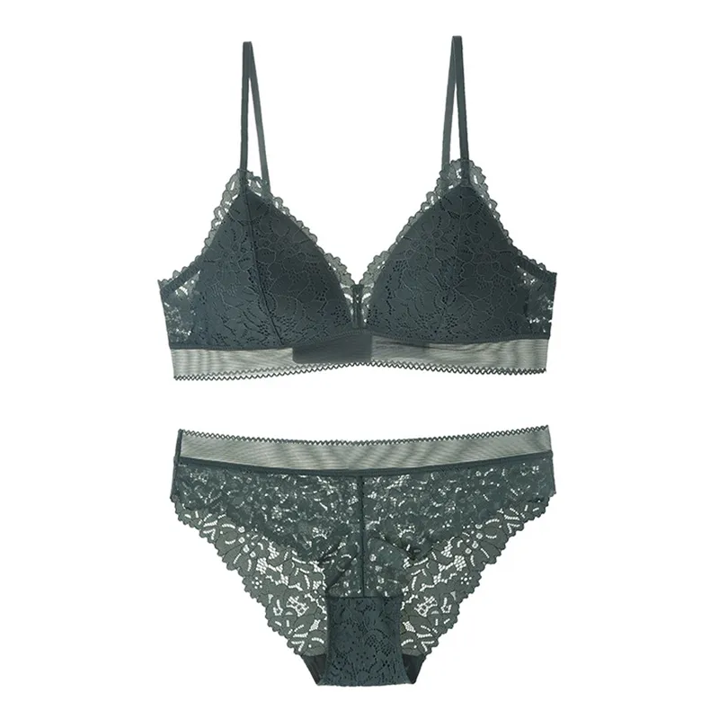 Dentelle Mince Doublé Triangle Coupe Sans Fil Soutien-Gorge Et Culotte Ensemble Avec Push Up Sous-Vêtements Femmes Sexy Lingerie Bralette Ensemble 2019 Nouveau Y200708