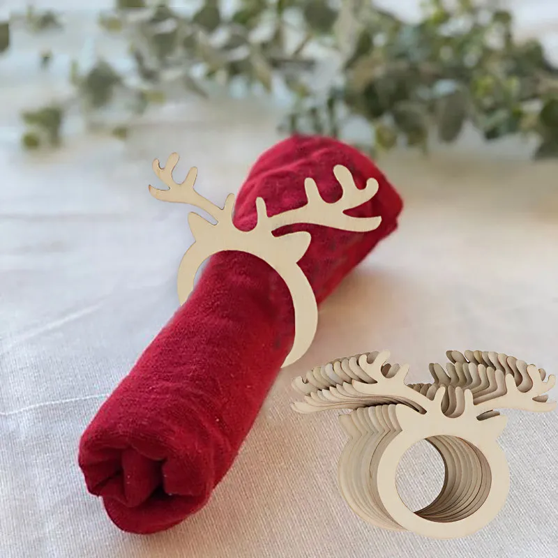 10pcs Christmas Napkin Ring Holders Xmas Table Decoration for Home Wooden Reindeer Horn Tissue Ring New Year Navidad Decor Noel