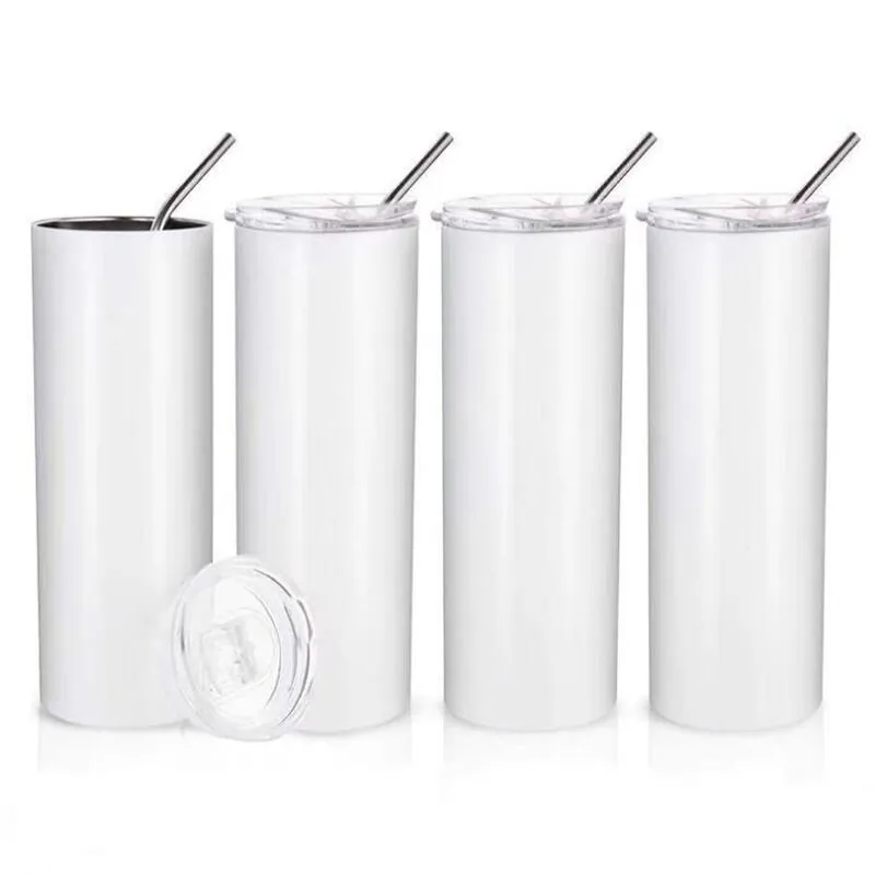 Sublimation Straight Tumblers 20oz Stainless Steel Mugs clear straw DIY Tall Blank Cups 600ml Vacuum Insulated Coffee Beer Water Bottle