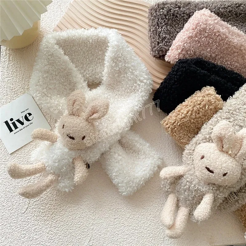 Sweet Faux Fur Scarves Imitation Lambs Wool Winter Warm Plush Cross Scarf With Bear Cute Women Scarves Children Solid Neck Ring