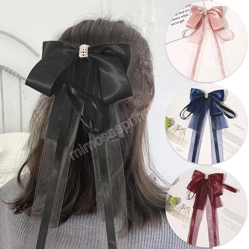 Korea Słodkie Długie Wstążka Łuk Barrettes Dla Kobiet Dziewczyny Szpurcze Hulaszki Hairgrips Cute Back Head Top Clip Fryzura Akcesoria Barrette