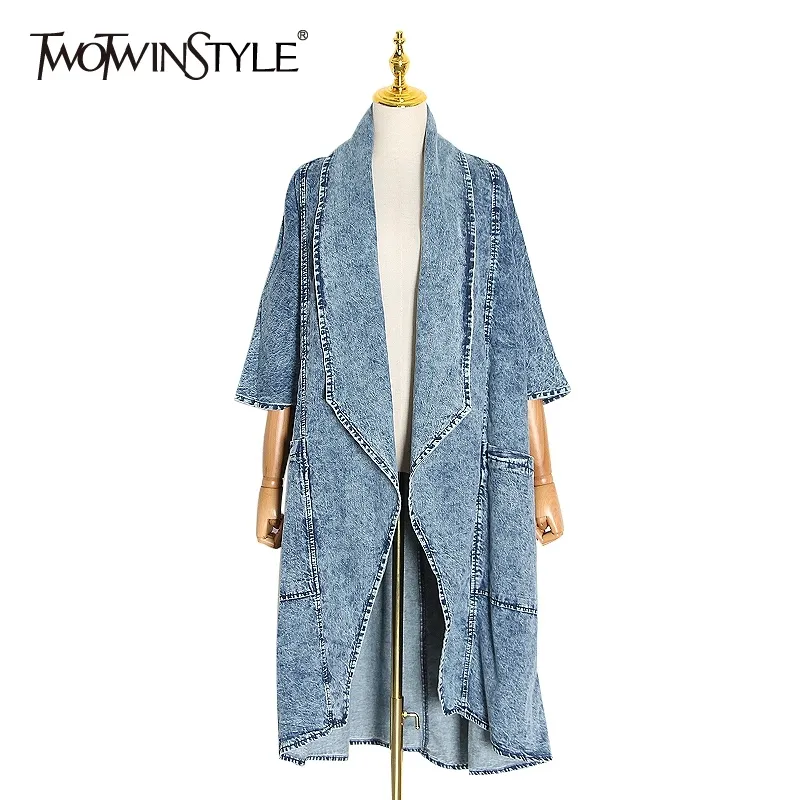 TWOTWINSTYLE Vintage Denim Frauen Windjacke Revers Kragen Halbe Hülse Hohe Taille Graben Mäntel Weibliche Mode Kleidung Flut 201111