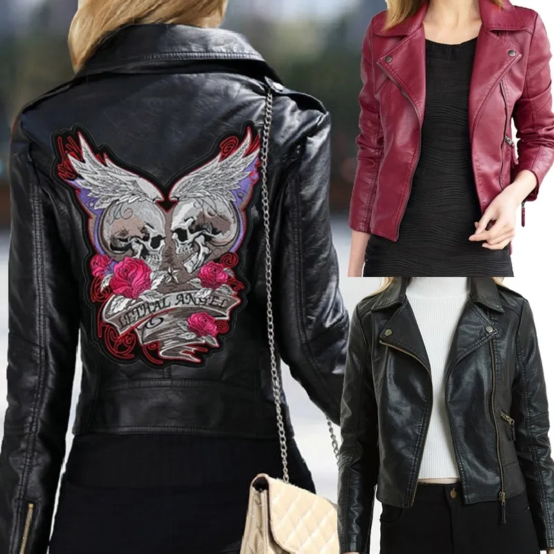 Mulheres Bordado Casacos de Couro Inverno Magro Motocicleta Bomber Skull Casaco Casacos Vinho Preto Vermelho 210201