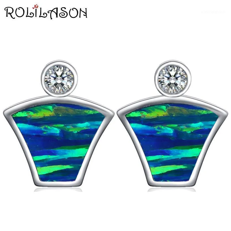 Stud ROLILASON Mysterious Art Silver Stamped Blue With Green Fire Opal Wedding Gift For Women Earrings Fashion Jewelry OE7251