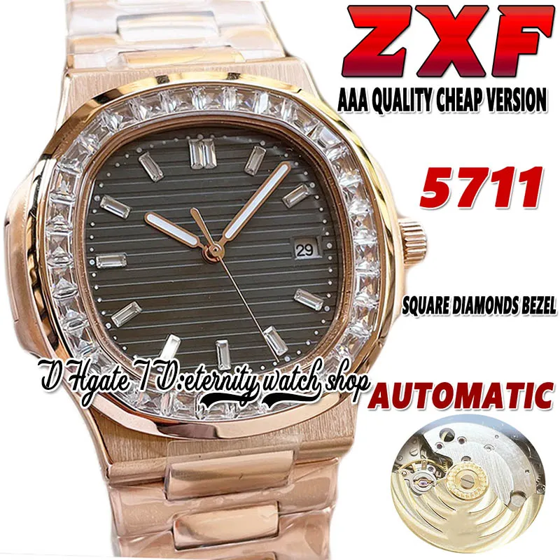 2022 ZXF 5711 Automatic Mechanical Mens Watch Iced Out T Diamond inlay Bezel Gray Texture Dial Rose Gold Case 316L Stainless Steel Bracelet AAA Watches Eternity