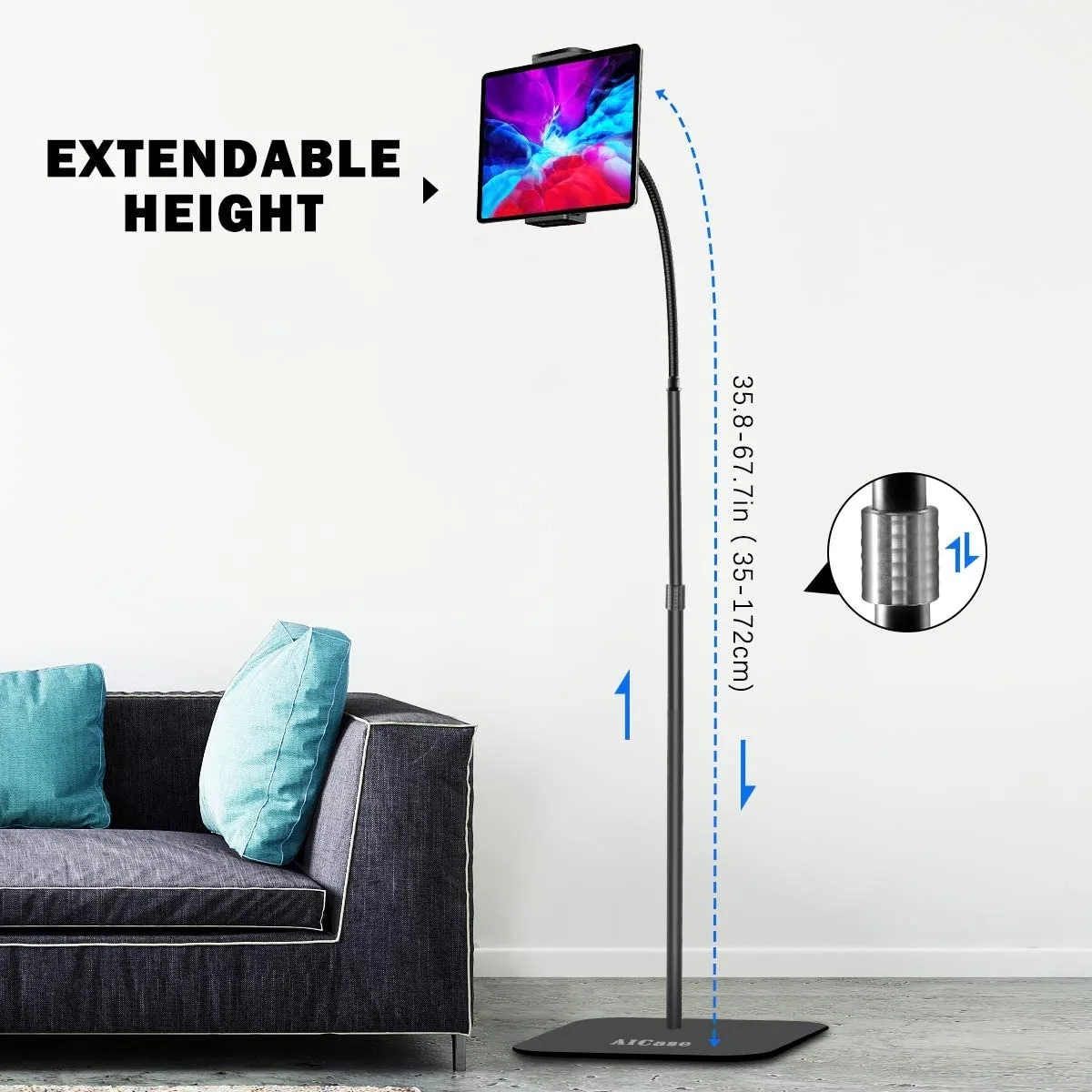 Supporto da pavimento per tablet iPad alto, altezza regolabile (35,8-67,7 pollici) Supporto flessibile a collo di cigno con braccio lungo