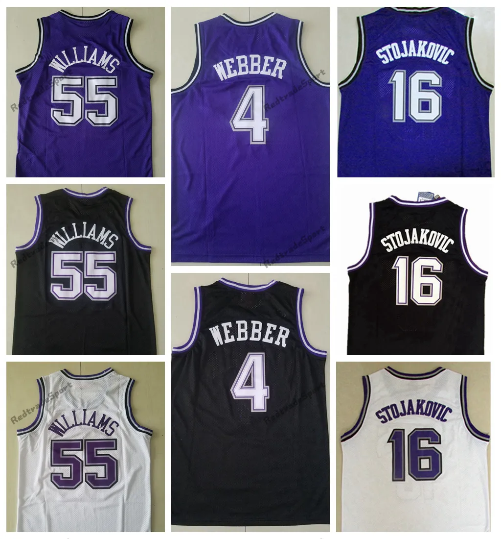 قمصان رجالي 1998-99 Vintage 55 شوكولاتة بيضاء جايسون ويليامز قمصان كرة السلة 4 Chirs Webber 16 Peja Stojakovic قمصان مخيطة باللون البنفسجي والأسود S-XXL