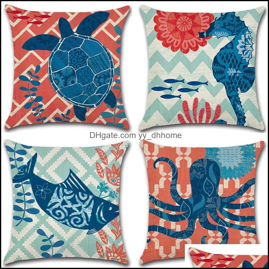 Sea Turtle Printed Linen Cushion Cover Marine Ocean Whale Octopus Hippocampus Home Decor Pillowcase Sofa Decoration Pillow Case