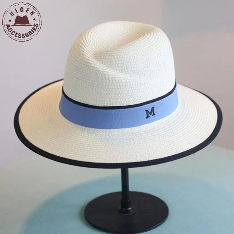 새로운 도착 여름 패션 M 편지 밀짚 모자 여성용 대형 브림 M 파나마 밀짚 페도라 여성 여행 비치 모자 태양 모자
