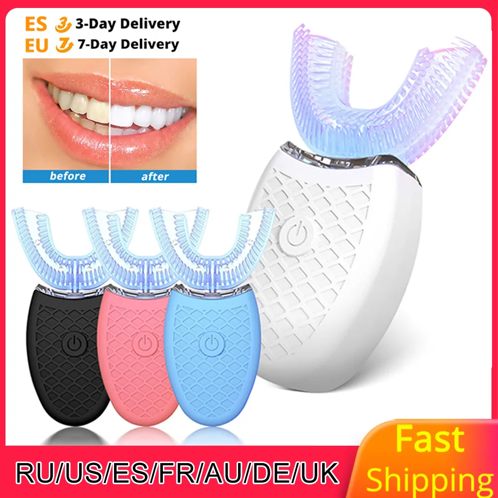 Brosse à dents électrique automatique à ultrasons à 360 degrés en forme de U dents blanches soins bucco-dentaires nettoyage brosse à dents 201113