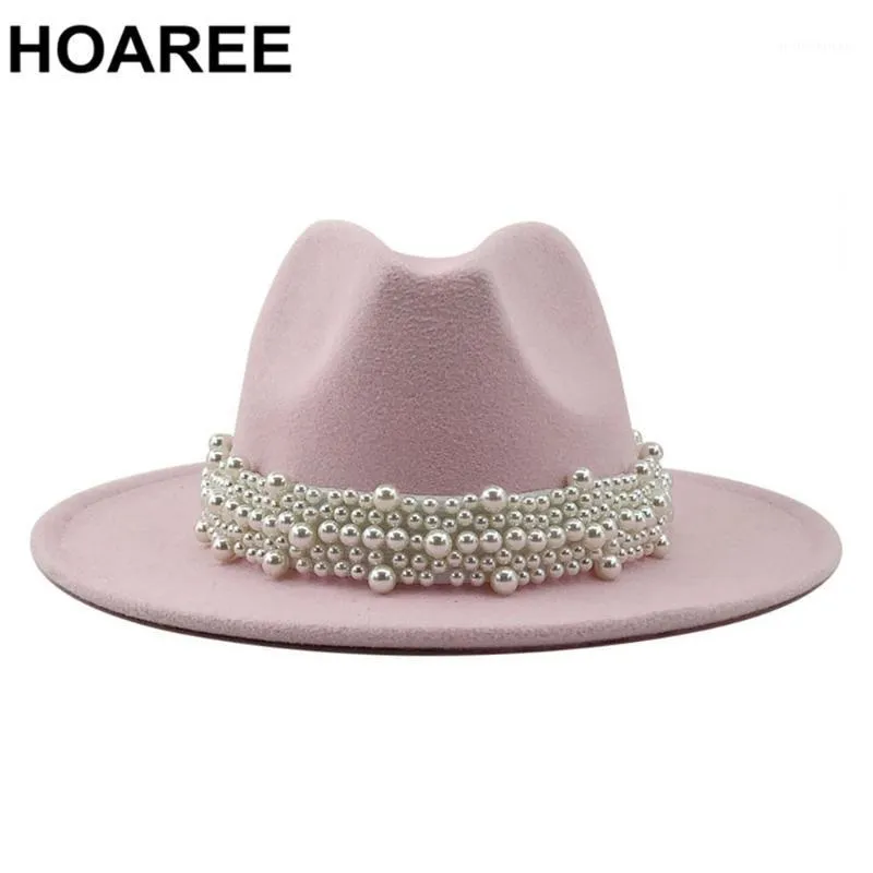 Stingy Brim Chapéus Rosa Jazz Fedora Casamento Mulheres Pérola Sentido Chapéu Branco Elegante Senhoras Lãs Panamá Trilby Formal Party Cap 58-61cm1