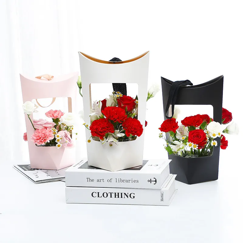 Portable Kraft Paper Bags Gift Wrap Rose Flower Box With Handle ...