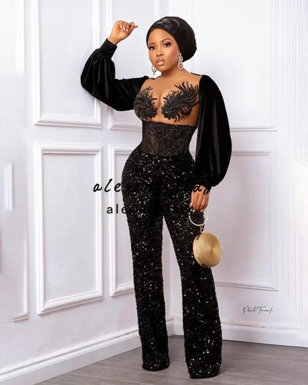 Sparkly Royal Blue Black Evening Jumpsuit Dress Long Sleeve Plus Size African Lace Sequins Aso Ebi Prom Pant Suit 2024 Collection