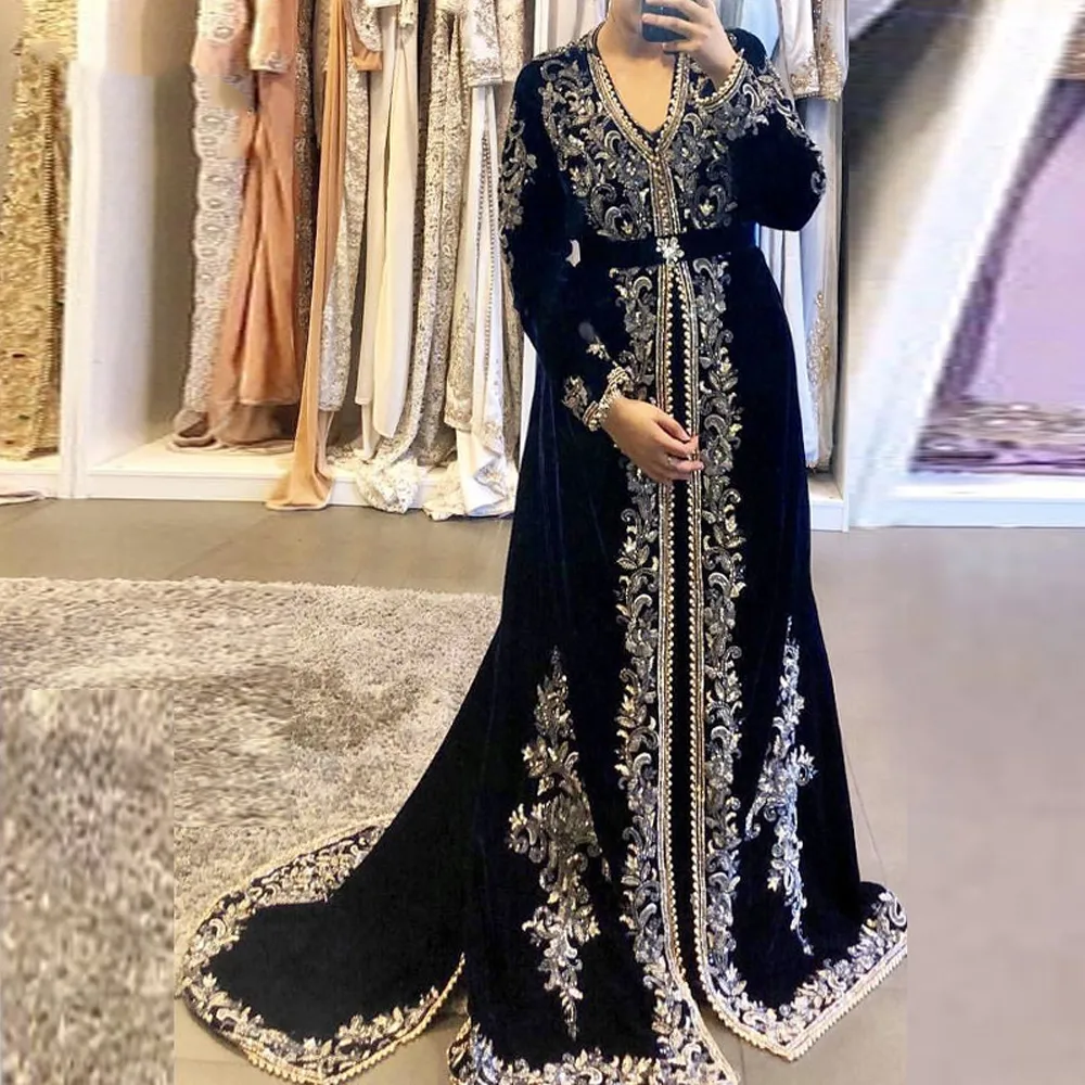 LORIE Navy Blue Moroccan Kaftan Dubai Evening Dresses Elegant Lace Appliques Velour Saudi Arabic Muslim Formal Prom Party Gowns LJ201119