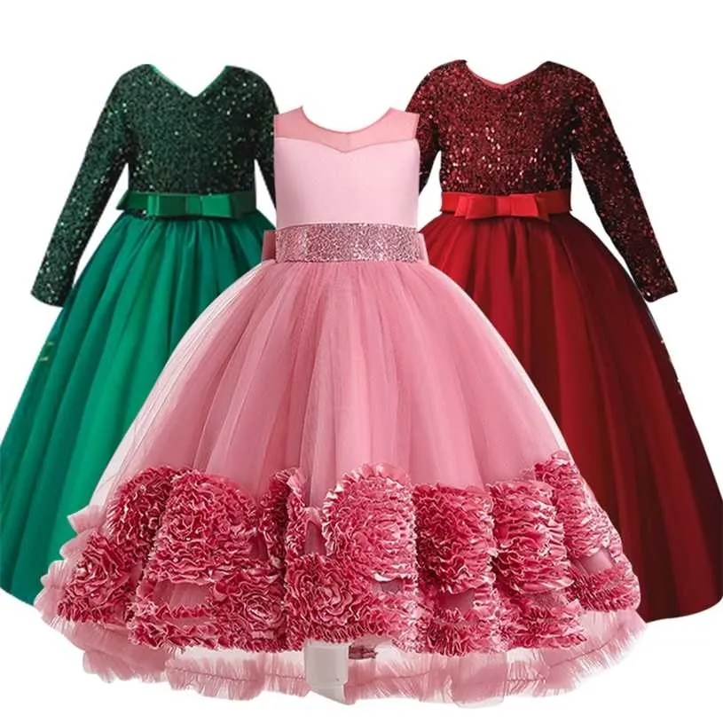Manches longues enfants robe de princesse demoiselle d'honneur vêtements robes de soirée de mariage pour les filles Costume de noël Vestidos 4-14Y 211231